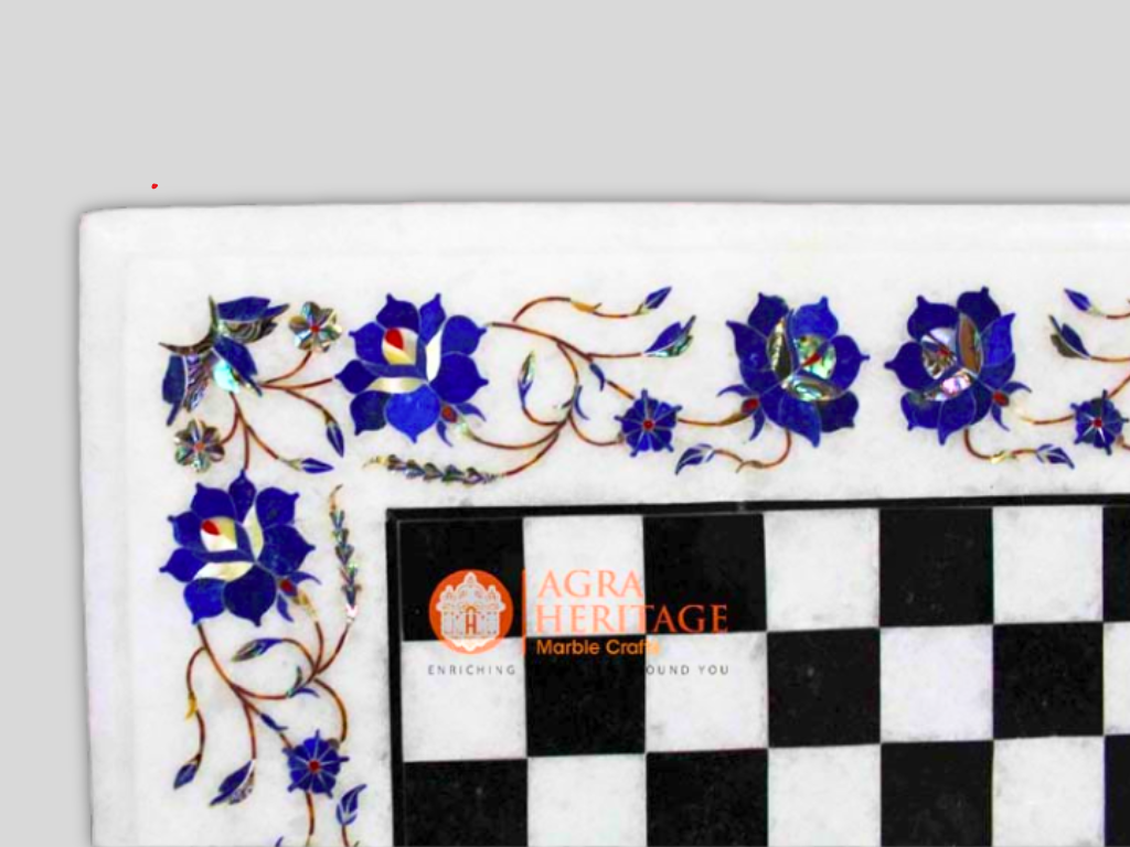 White Marble Pietradura Inlay Floral Chess Table Top